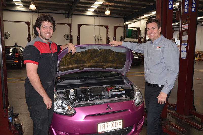 David Schultz and first year motor mechanic apprentice Silvio De Vito