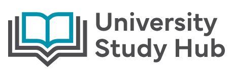 Logo with an open book in teal and black beside grey ‘University Study Hub’ text, with support by BUSY at Work on a white background.