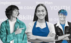 Three smiling young adults stand together, with support by BUSY at Work. Signs behind them read Skills, Employment and Youth.