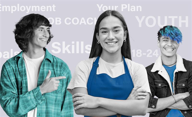 Three smiling young adults stand together, with support by BUSY at Work. Signs behind them read Skills, Employment and Youth.